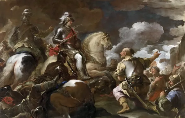 Картинка лошадь, картина, воин, всадник, батальный жанр, Лука Джордано, Взятие Крепости