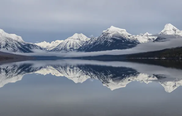 Лес, вода, снег, деревья, горы, туман, озеро, отражение