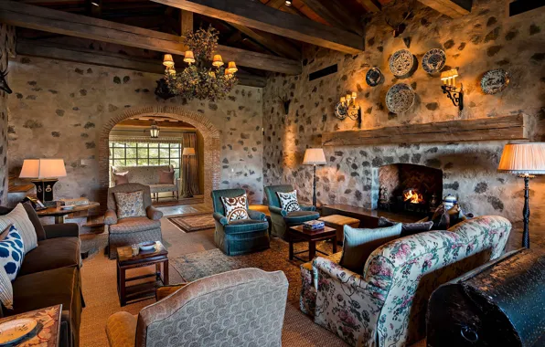Дизайн, интерьер, камин, гостиная, Айдахо, Тосканский стиль в пустыне, Tuscan style in the desert