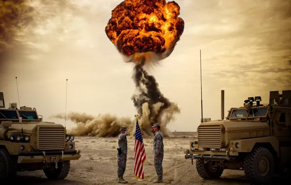 Картинка грузовики, взрыв, гриб, солдаты, USA, army, приветствие