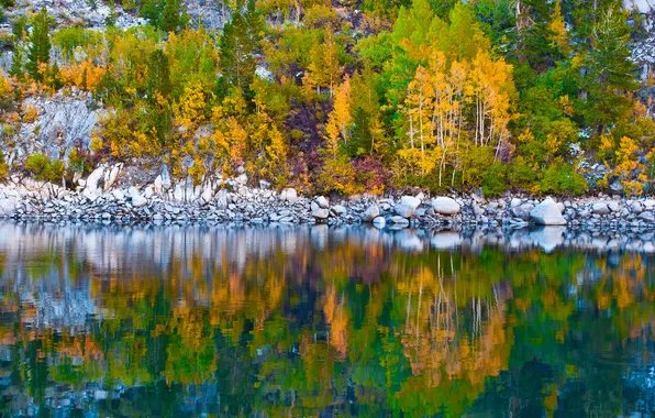 Картинка осень, деревья, озеро, отражение, камни, склон