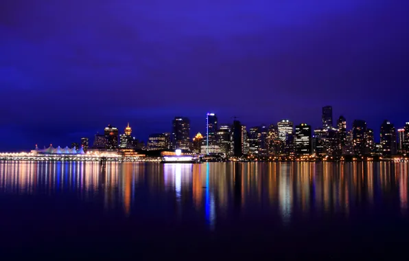 Ночь, lights, огни, отражение, река, небоскребы, подсветка, Канада