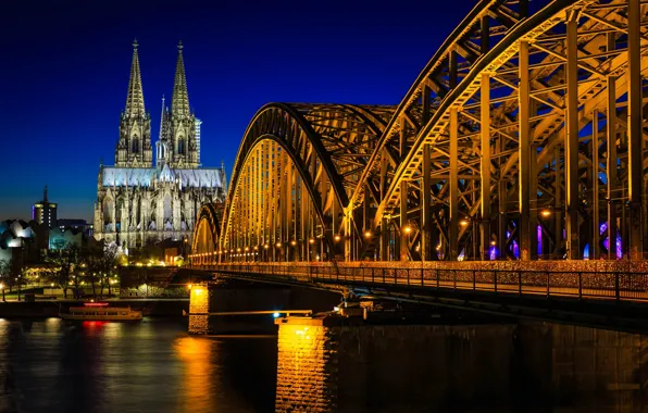 Мост, Ночь, Германия, Bridge, Germany, Night, Cologne Cathedral, река Рейн