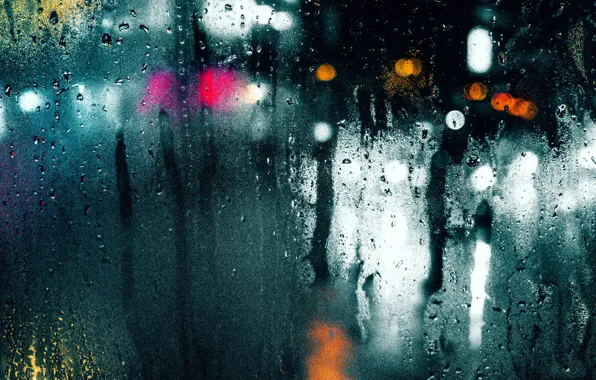 Мокро, стекло, капли, макро, свет, город, блики, дождь