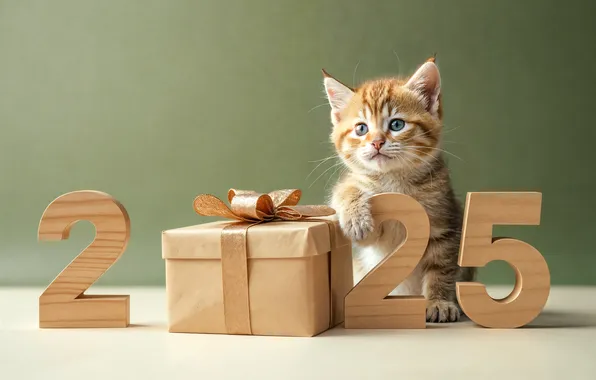 Кошка, кот, котенок, коробка, подарок, рыжий, цифры, Новый год