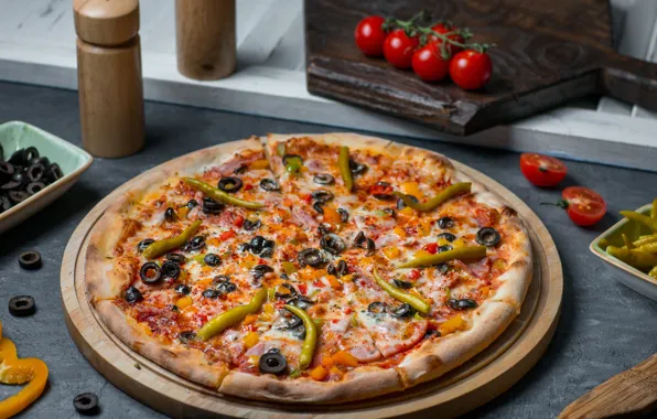 Сыр, перец, пицца, выпечка, pizza, маслины, тесто, Халапеньо