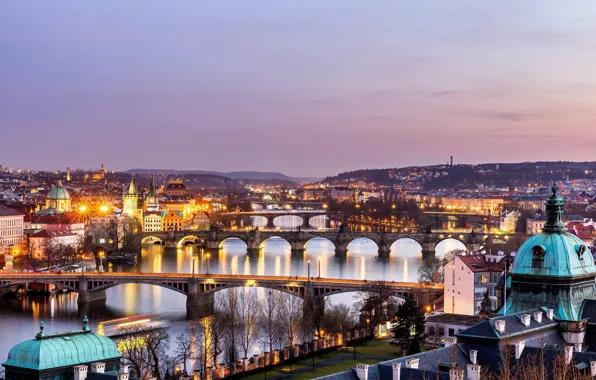 Город, вечер, Прага, Чехия, Prague bridges