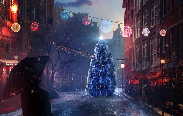 Картинка снег, настроение, праздник, улица, человек, елка, новый год, рождество