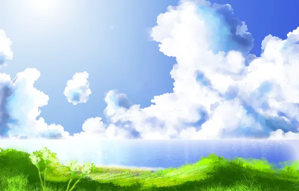Картинка море, трава, солнце, облака, пейзаж, берег, рисунок