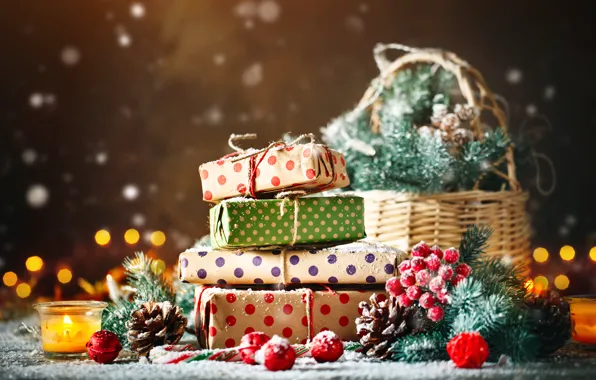 Картинка снег, украшения, Новый Год, Рождество, подарки, christmas, balls, wood