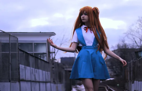 Забор, здания, наряд, образ, рыжая, косплей, Evangelion, tenletters