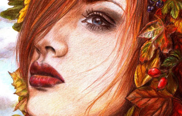 Картинка взгляд, листья, девушка, лицо, ягоды, волосы, макияж, живопись