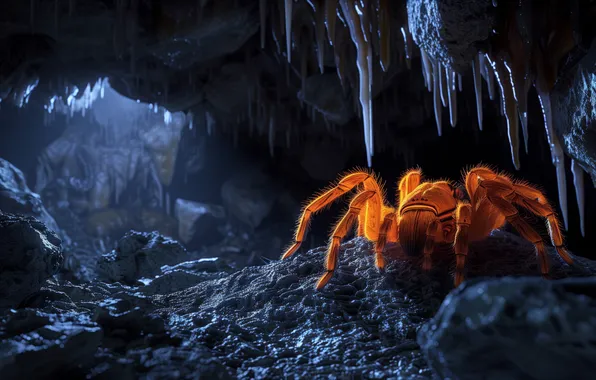 Оранжевый, паук, spider, пещера, orange, insect, cave, сталактиты