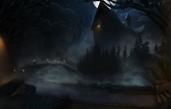 Картинка дорога, деревья, ночь, мост, дом, луна, арт, мрачно