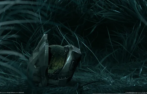 Картинка трава, ночь, отражение, шлем, Halo 3, мастер Чиф