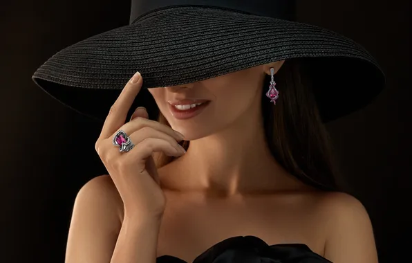 Dress, hat, glamour, ring, pose, pendant