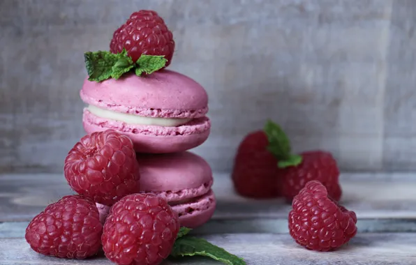 Малина, печенье, мята, крем, macarons, макарон, миндальное