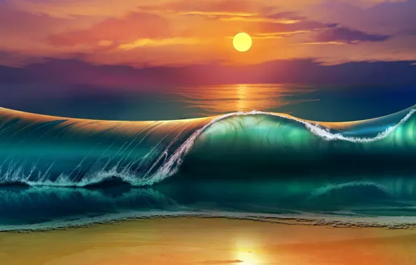 Картинка waves, beach, sky, sea, nature, Sun, sunset, art