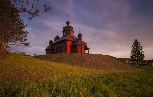 Природа, вечер, холм, церковь