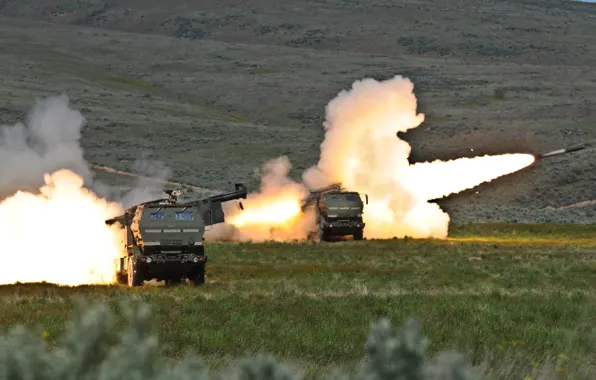 Картинка Дым, HIMARS, Мобильная артиллерийская система, Mobile artillery system, Пуск, Yakima Training Center, Combat training, Учебный …