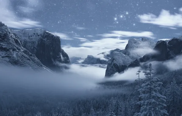Картинка зима, лес, горы, Калифорния, California, Yosemite Valley, Yosemite National Park, Сьерра-Невада