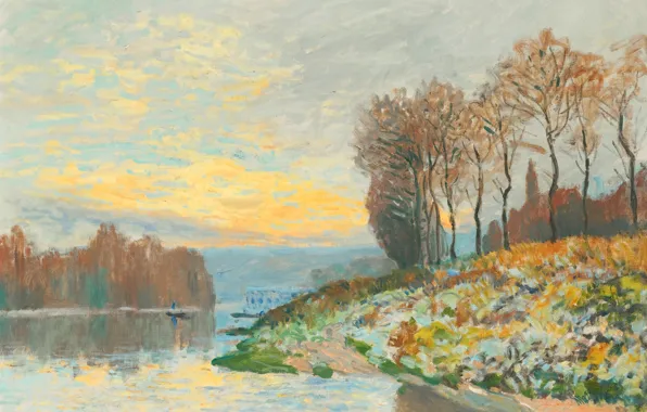 Картинка картина, пейзаж, Альфред Сислей, осень, Alfred Sisley, Сена в Буживале. Морозное Утро