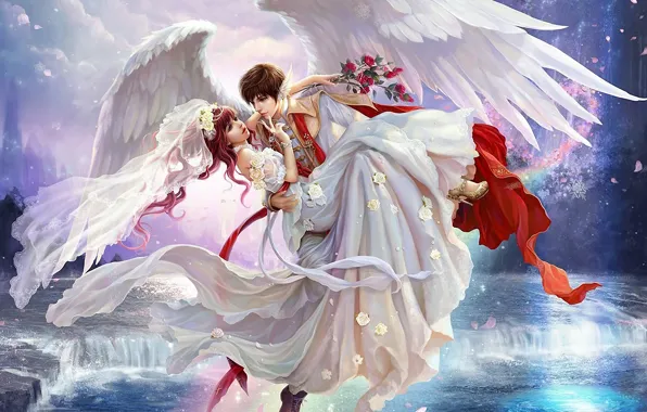 Картинка девушка, цветы, водопад, розы, крылья, арт, парень, невеста, фата
