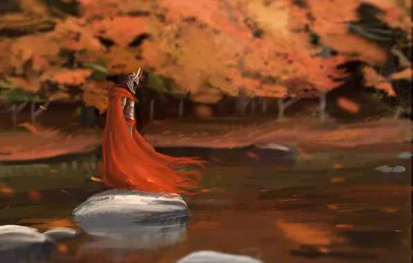 Картинка осень, красный, озеро, камни, ветер, воин, арт, рога