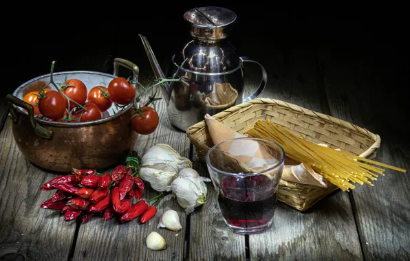 Картинка spaghetti, aglio olio peperoncini, bicchiere di vino, buon cibo, dipingere con la luce, cibo