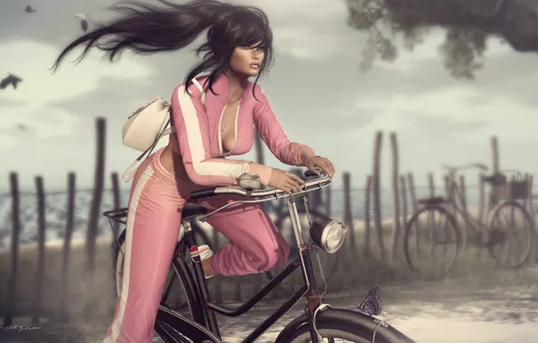 Картинка лето, девушка, велосипед, лицо, стиль, ветер, волосы