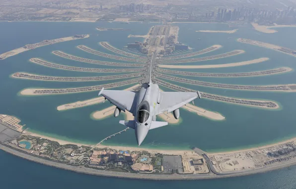 Картинка полет, город, истребитель, панорама, Дубай, поколения, многоцелевой, Eurofighter Typhoon