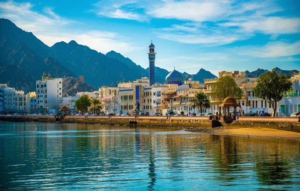 Море, небо, горы, здания, дома, Oman, Мечеть Muscat