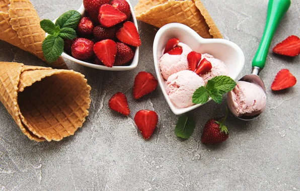 Картинка ягоды, клубника, мороженое, рожок, strawberry, dessert, cone, ic cream