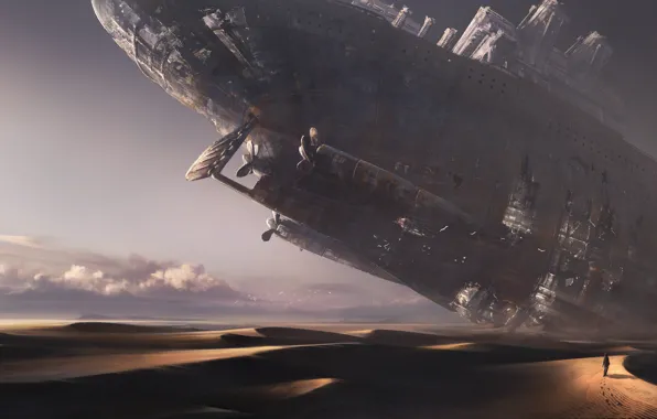 Картинка небо, облака, следы, пустыня, человек, корабль, The ship of the desert