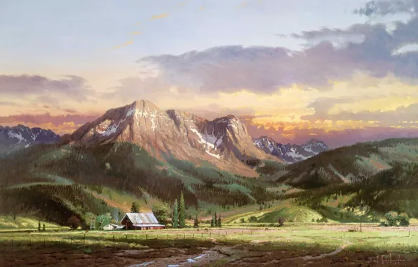 Mountains, thomas kinkade, farm, cows, Dusk in the valley