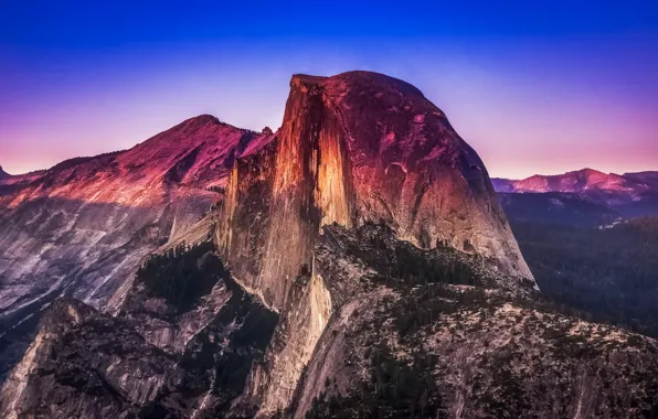 Картинка лес, пейзаж, закат, горы, панорама, California, Yosemite National Park