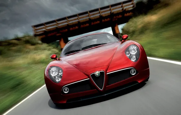 Картинка машина, мост, природа, скорость, Alfa Romeo
