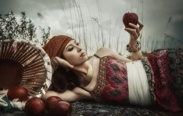 Картинка девушка, яблоки, азиатка