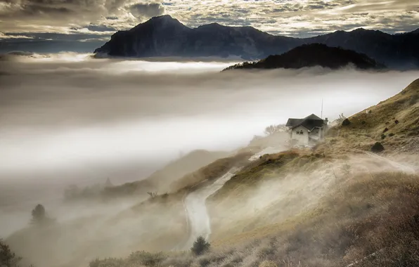 Картинка облака, горы, туман, дом