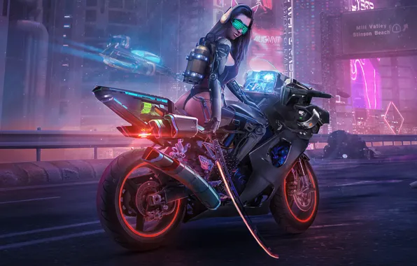 City, sword, ass, bodysuit, science fiction, motorcycle, cyberpunk, women