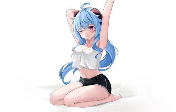Girl, sexy, cleavage, shorts, horns, long hair, legs, boobs