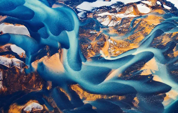 Песок, природа, грязь, Исландия, потоки, реки, вид сверху, аэрофотосъёмка