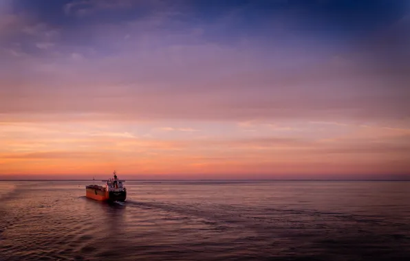 Sea, ocean, seascape, morning, sunrise, dawn, ship, horizon