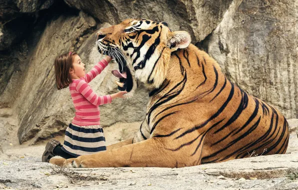 Картинка тигр, пасть, девочка
