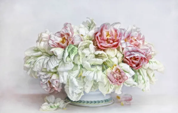 Картинка цветы, фон, букет, лепестки, арт, тюльпаны, ваза, розовые