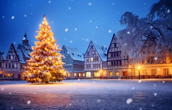 Картинка зима, снег, украшения, ночь, город, шары, улица, елка