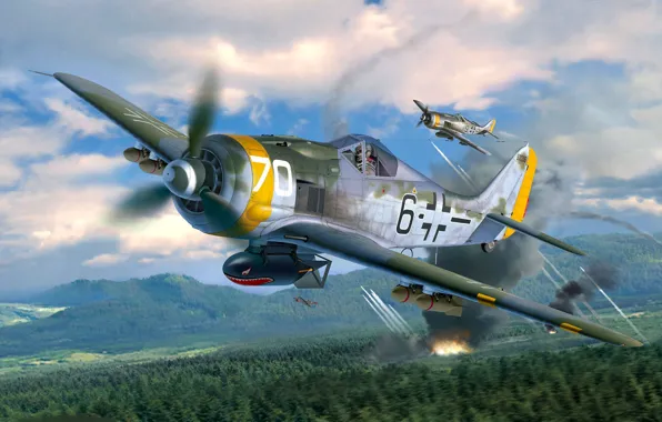 Картинка лес, горы, огонь, дым, истребитель-бомбардировщик, ETC 50, держателями, Fw.190F