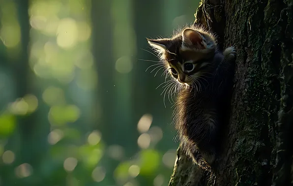 Кошка, свет, природа, поза, котенок, серый, дерево, мордашка