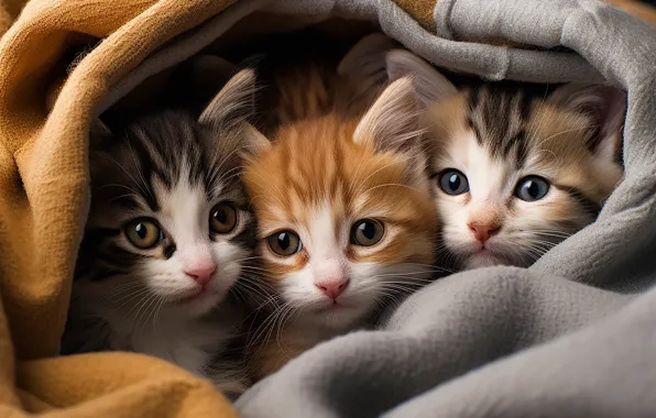 Кошки, котята, малыши, компания, милота, мордашки, ИИ-арт, нейросеть