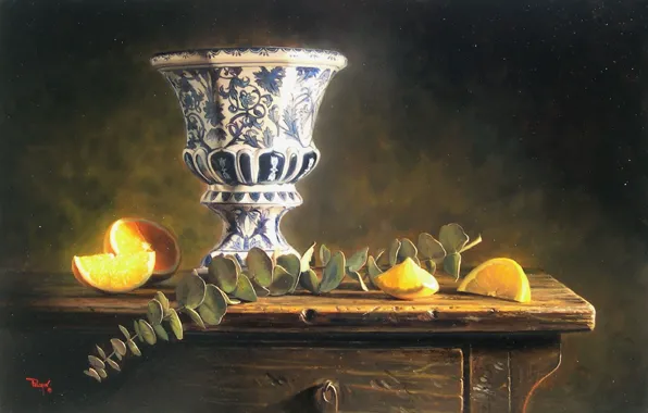 Макро, стол, лимон, рисунок, картина, чаша, ваза, натюрморт